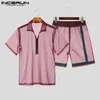 Moletons com capuz masculinos 2023 Conjuntos masculinos Mesh Patchwork Streetwear Manga curta transparente Camisa com zíper Shorts 2 peças Respirável Sexy Ternos INCERUN 230719