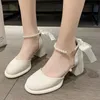 Dress Shoes Pearl Ankle Buckle Thick Heel Pumps Women Back Bowtie Lace Up Mary Jane Shoes Woman Autumn Platform High Heels Dress Shoes 230719