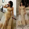 Arabiska guld champagne aftonklänningar slitage för kvinnor sjöjungfrun spets applikationer pärlor överskjolar golvlängd formell prom klänning parti 304t
