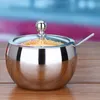 Ört Spice Tools 304 Rostfritt stål Kryddor Pot Hushåll Kök Kaffesylt Lock Salt med skedar Tabellekarobesöken Krukor med glasskydd 230720