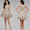 2018 Champagne Short Mini Arabic A Line Homecoming Dresses Full Lace Jewel Neck Bow Knee Length Celebrity Evening Cocktail Prom Pa2664