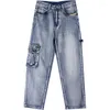 Herr jeans y2k multi porkets överdimensionerade loss brädbyxor denim baggy casual hip hop streetwear byxor retro blå full längd