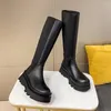 Bottes 2023 automne tête ronde plate-forme chevalier chaussures en cuir haute femmes Tube de fumée plat cuisse-haute