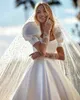 Elegant Square Neck A Line Wedding Bridal Dresses Short Sleeve Backless Satin Ruched Church Wedding Gowns