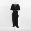 Work Dresses Summer Outfits For Women 2023 Black Ruffled Linen Long Skirts Sets 2 Pieces Puff Sleeve Sexy Crop Tops Slit Suits