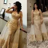 Arabiska guld champagne aftonklänningar slitage för kvinnor sjöjungfrun spets applikationer pärlor överskjolar golvlängd formell prom klänning parti 304t