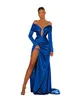 Sexy Bleu Royal Plus La Taille Sirène Robes De Bal Pour Les Femmes Hors Épaule Manches Longues Côté Haut Split Balayage Train Occasion Formelle Soirée Fête D'anniversaire Pageant Robes