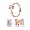 18K Rose Gold Ring Stud örhängen uppsättning för Pandora Square Crystal Diamond Designer Jewelry for Women Girl Gift Party Luxury Rings Earring med originallåda