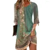 Casual Dresses Retro Dress Floral Print Vintage A-line Patchwork Feminine Three Quarter Sleeves Soft V Neck For Any