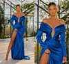 Sexy Bleu Royal Plus La Taille Sirène Robes De Bal Pour Les Femmes Hors Épaule Manches Longues Côté Haut Split Balayage Train Occasion Formelle Soirée Fête D'anniversaire Pageant Robes