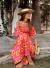 Basic Casual Dresses Elegant Printed Lantern Sleeve Tube Top Beach Dres Folded Patchwork Loose Female 2023 Summer Tie dye Holiday Robe 230720