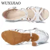 Dance Shoes Latin dance shoes ladies silk satin shiny Cuban high heels 9 cm salsa dance shoes 230719