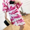 Casual Dresses Women's Pink Printed O-Neck MNI Dress 2023 Summer Puff Sleeves Temperament Loose Short Robe Female For Party and Wedding