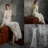 Lior Charchy Mermaid Wedding Dresses Jewel Neck Back Split Lace Appliques Feather Luxury Bridal Gowns Long Sleeve Beach Wedding Dr260P