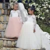 Girl Dresses Flower White Tulle Puffy Appliques With Big Bow Long Sleeve For Wedding Birthday Party First Communion Gowns