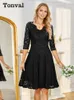 Casual Jurken Tonval Kanten Jurk Feest / Avond Elegant Luxe Beroemdheden Geschulpte V-hals 3/4 mouw Dames Hoge taille Vintage