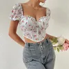 Damen-T-Shirts, Sommer, Blumendruck, Vintage-Spitze, Korsett, bauchfreie Tops, Frauen, Rüschen, quadratischer Ausschnitt, kurze Ärmel, offener Rücken, schmales T-Shirt, lässig