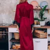 Kadın pijama 2023 Düğün için Nedime Elbise Seation V Boyun Dantel Baskı Saten Nightgown Gevşek Uzun Kollu Uyku Çökelt Kemer Boşluk