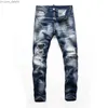 Jeans masculino Calça jeans skinny lavagem clara rasgada longa azul motocicleta rock Z230720