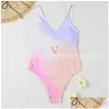 Women'S Swimwear Style Gradient Letters Swimsuit Metal Buckle Split Summer Beach Holiday Bathing Suit Women Back Hollow Out Beachwea Dh0Pv