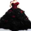 فساتين حمراء وسوداء جديدة في Quinceanera تتطابق مع السترات اليدوية زهرة الحبيب Tulle Organza Ball Gown Gown226J