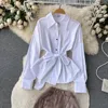 Work Dresses Ruffle Bow Waist Long-sleeved White Shirt Sexy Girl Colorful Package Hip Short Skirt Two-piece Set