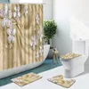 Cortinas de chuveiro 4 peças cortina de luxo criativa tridimensional flor borboleta conjunto de banheiro tapetes antiderrapantes capa de banheiro tapete tapete de banho