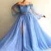 Boho bleu ciel robes de bal fendues manches longues fleur bleue robes de soirée hors épaule une ligne pure cou bohème pageant Pa277s