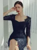 Casual Dresses Summer Blue Lace Dress For Women Evening Party Clubwear Pencil Woman Sheer See Through Bodycon Vestidos Prom Robe Female