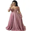 2023 Vestidos Manga Longa Rosa Empoeirado Mãe Da Noiva Gola Jóia Ilusão Apliques de Renda Flores Chiffon Festa Casamento Noturno 293U