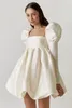 Basic Casual Dresses Puff Sleeves Princess Dress Women Party Dress Evening Chic Square Collar Ball Gown Mini Beige Satin Pleated Dresses Ladies 230719