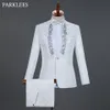 White Embroidered Suit Men Diamond Wedding Groom Tuxedo Suits Men Stage Singer Costume Homme Party Prom Mens Suits with Pants203I