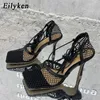 Sandales Eilyken 2023 Nouveau Sexy Mesh Pompes Sandales Femme Bout Carré Talon Haut À Lacets Croisé Stiletto Creux Robe Chaussures Taille 35-42 L230720