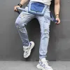 Männer Jeans 2023 Herren Overalls Slim Löcher Riemen Denim Hosen Teenager Streetwear Overall Große Größe Strampler