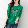 Moletons Femininos 2023Primavera Auutmn Moda Coreana Chique Laço Strass Verde Manga Longa Algodão Top Feminino Casual Solto Moletom Roupas