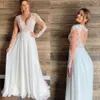 Vintage V neck Plus size Wedding Dresses Bridal Gowns Long Illusion Sleeves Applique Hollow Backl Lace Wedding Reception Dress Boh247H