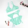 Varsbaby Light Green Soft Mesh Lingerie Set Sexy Yarn Transparent Deep V Wire Seamless Comfortable Bra Panty Garter Q0705336x