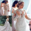 Prachtige Lange Mouwen Trouwjurken Bruidsjurk met Afneembare Sleep Hoge Hals Kralen Illusion Custom Made Vestido de novia 2022548