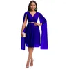 Ethnic Clothing Summer African Dresses For Women Sexy Cloak Sleeve Polyester V-neck Blue Khaki Rose Red Knee-length Dress With Belt