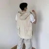 Men's Vests Spring Hooded Vest Men Fashion Oversized Pocket Streetwear Korean Loose Khaki Tooling Mens Sleeveless Jacket M-2XL