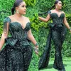 Hunter Green Jumpsuits Prom Dresses Sheer Neck Sequined Luxury African Plus Size Women Formal Evening Gowns3329