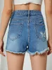 Frauen Shorts Streetwear Frauen Hohe Taille Loch Ausgefranste Retro Blau Denim Sommer Weibliche Taste Unregelmäßige Jeans Böden
