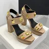 Button-Detail Calfskin Ankle Strap Platform Sandal Fashion Metal Square Buttons 12cm Chunky High Heeled Sandals Summer Luxury Designers Shoe Leaky Toe Womens Shoes