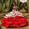 フリルの花柄のカロ・キンセアネラは肩のふくらんでいるスカート・レース刺繍プリンセススウィート16女の子マスカレードpro291t