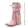 Buty różowe frędzle Fringe Mid-Calf Western Cowboy Boots for Women Vintage Retro Point Toe Cowgirl Botows Slip on Shoes Blue 230719