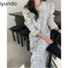 Vestidos Casuais Iyundo Retro Feminino Elegante Longo Decote O Tweed Vestido Estilo Coreano Chique Saias Primavera Roupas Femininas