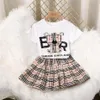 New Kids Girls dress Summer Clothing Sets Short Sleeve Top T-shirt Plaid Skirts Children Baby Clothes Set 2pcs191F