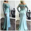 Bateau Hals Lange Mouwen Slanke Avondjurk Kant Applicaties Mermaid Moeder Bruid Jurken Elegante 2019 Prom Gown Vestidos De 350C