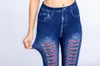 Kvinnors leggings mode faux denim jean skinny jegings byxor hög midja kvinnlig tryck fotledslängd smal benfitness plus storlek