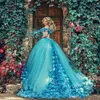 Vintage Bleu Quinceanera Robes Robe De Bal Fée Fait À La Main Fleurs Hors Épaule Tulle Doux 16 Robes Robes De 15 Anos Birthda214g